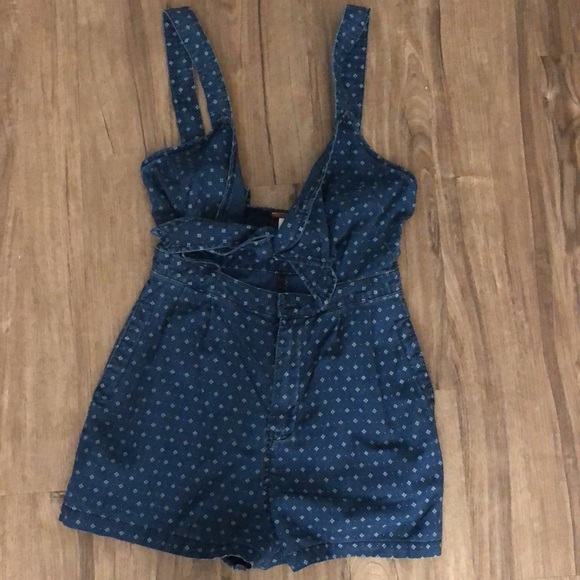 Free People patterned denim overall romper - Picture 5 of 7